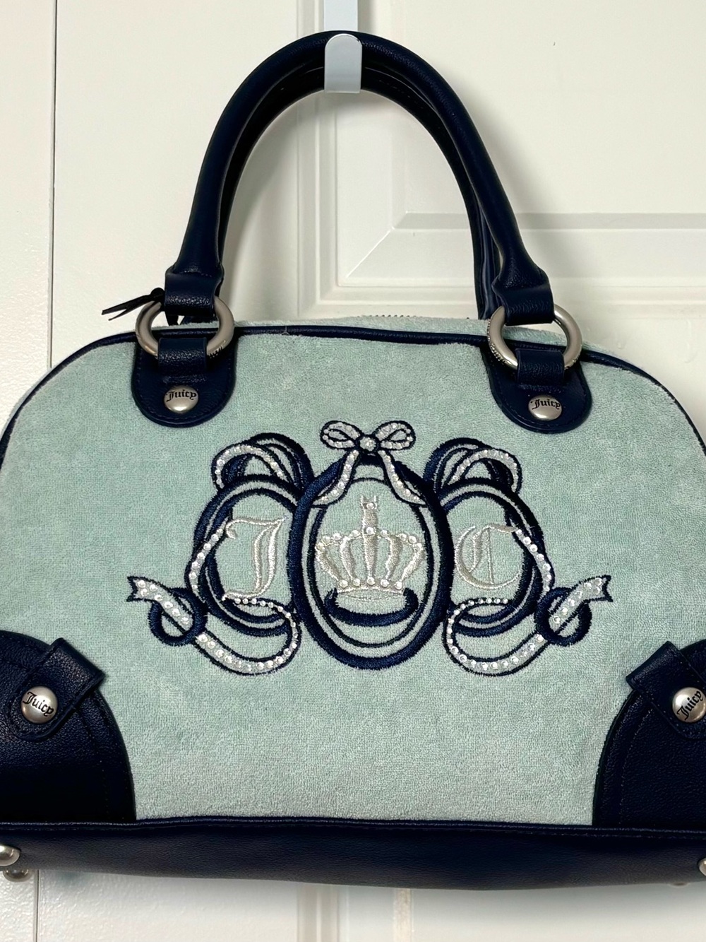 Juicy Couture Light Blue & Navy Embroidered Rhinestone Satchel